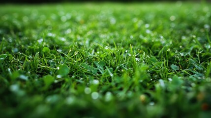Naklejka premium Dew-Kissed Green Grass Close-Up Lush Texture and Vibrant Nature