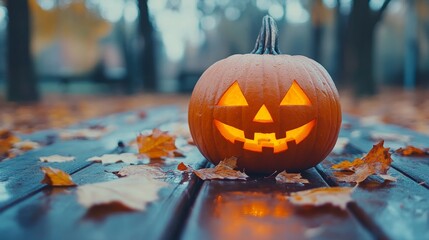 This autumnal still life, featuring a pumpkin, fallen leaves, and a pinecone on a distressed wooden table, exudes a sense of seasonal warmth and joyful festivity