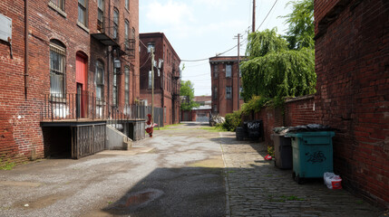A gritty urban scene unfolds with aged brick buildings lining a narrow alleyway on a cloudy day, revealing the raw textures of a historic cityscape in decay.