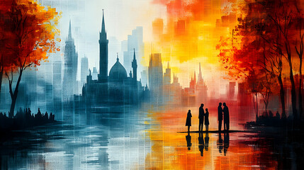 Autumnal cityscape reflected in a wet, colorful river.  Silhouetted buildings and trees, figures in the foreground