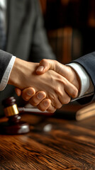 Close-up of two people shaking hands at a wooden table, likely in a legal setting.  Gavel and documents are visible in the background