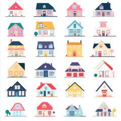 background image Grid of small houses, each house is unique and colorful, has different colored icons for different types of real estate. The background is white