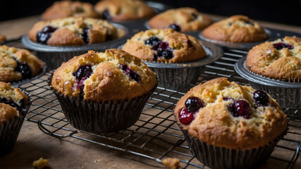 Freshly Baked Mixed Berry Muffins Cooling on Wire Rack