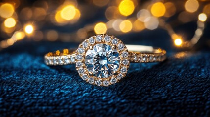 Fototapeta premium Gold diamond ring on blue velvet with bokeh lights