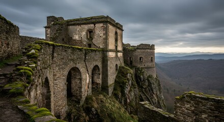 Obraz premium A Crumbling Stone Fortress Overlooking a Cliffside with Cracked Walls and Moss-Covered Arches