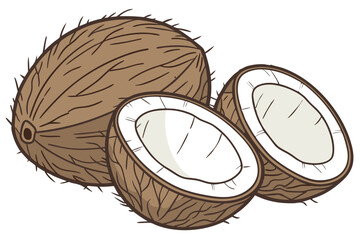 2 Photorealistic coconuts, whole and halved, brown fibrous exterior, white flesh interior, tropical fruit, high detail, studio lighting, white background, food photography, sharp focus, textured surfa