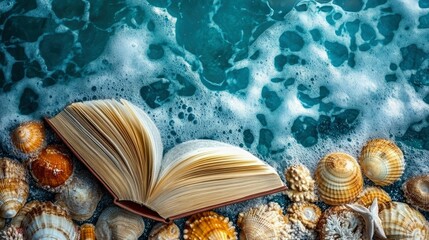 Open Book on Seashore with Seafoam and Shells