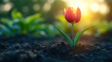 Obraz premium Single vibrant tulip in rich soil at sunrise