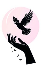 Fototapeta premium Elegant Hand Releasing Dove Silhouette on Pastel Pink Background – Mobile Wallpaper Design