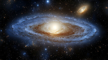 Spiral galaxy bathed in cosmic dust and starlight, with numerous stars scattered across the backdrop