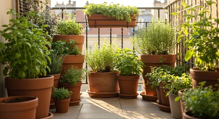 Fototapeta premium Urban balcony garden with herbs and plants