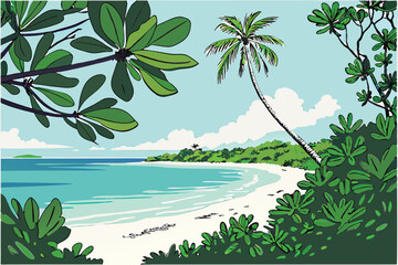 4 Tropical paradise, pristine white sand beach, lone palm tree, crystal clear turquoise water, calm ocean, blue sky with wispy clouds, lush green foliage, sunlit shoreline, idyllic island scenery, tra
