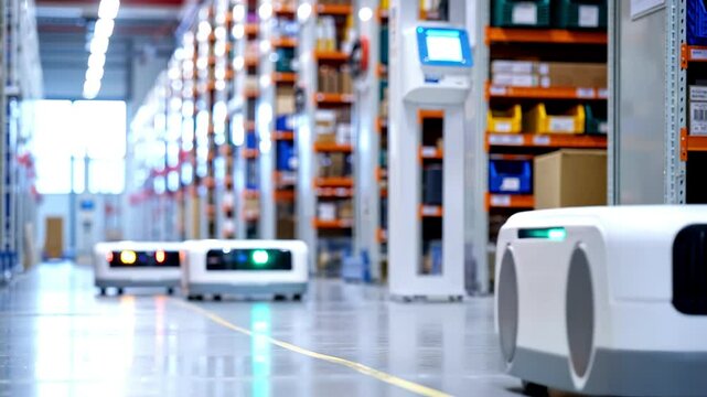 Autonomous Mobile Robots (AMR) navigate modern warehouse floor. Automated Guided Vehicles (AGV) in distribution center enhance logistics automation. Future technology 4K video footage.