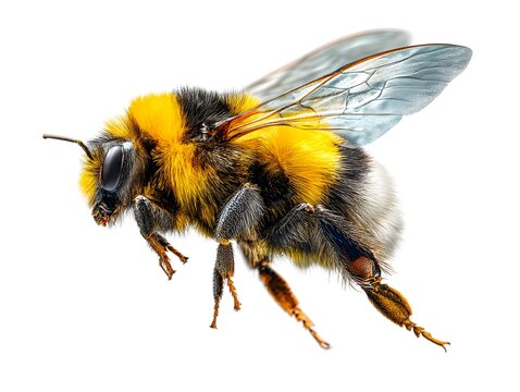 a stunning bumblebee is flying isolated on a white background