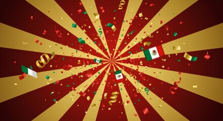 Mexican independence day fiesta celebration with confetti and flags background illustration