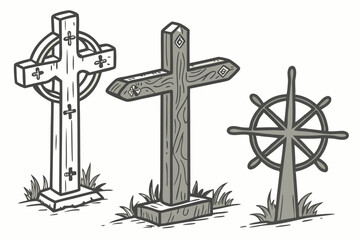 5 Wooden crosses, rustic religious symbols, weathered wood textures, antique Christian icons, distressed wooden crosses, varied wood grains, old church artifacts, religious relics, simple cross design