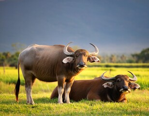 two buffalo buffalo taro buffalo one is standing up and another sleeping on the grass