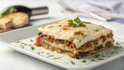 Homemade Moussaka with Eggplant, Ground Meat, and Creamy Bechamel Sauce
