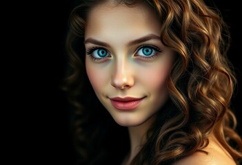Fototapeta premium Young adult female portrait with curly brown hair and bright blue eyes