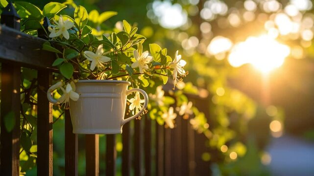 White Mug with Blossoms Hanging on Wooden Fence in Golden Hour