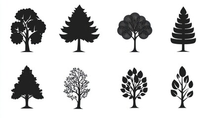 Various Tree Silhouettes on White