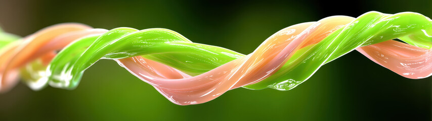 A vibrant tangle of green, pink, and orange plastic twisty ribbons is captured in sharp detail with macro photography, their glossy surfaces catching the light 