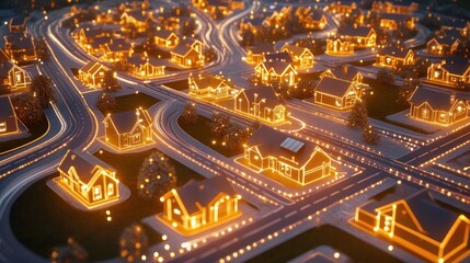 Illuminated night residential area aerial view futuristic cityscape