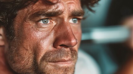 Fototapeta premium Intense CloseUp of a Mans Face with Blue Eyes and Sweat Perfect for Fitness Emotion and Hu