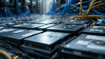 Hard Drives Stacked in Data Center with Cables Close Up