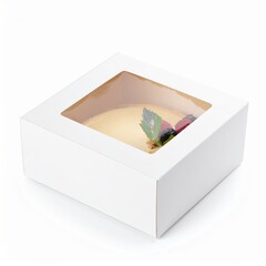 Vanilla cake in white packaging with berries and mint on top