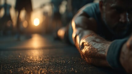 Intense Fitness Training A Man Performing PushUps in a Gym with Warm Lighting
