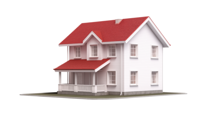 Isolated view of a white house with a red roof isolated on transparent background	