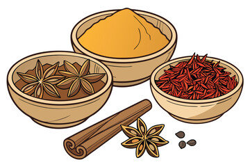 6 Wooden bowls, exotic spices, cinnamon powder, star anise, saffron threads, cinnamon sticks, dried flower petals, vibrant colors, aromatic ingredients, culinary photography, high detail, white backgr