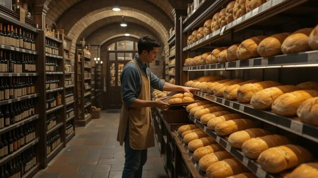 Worker Arranging Fresh Bread at Indoor Food Store