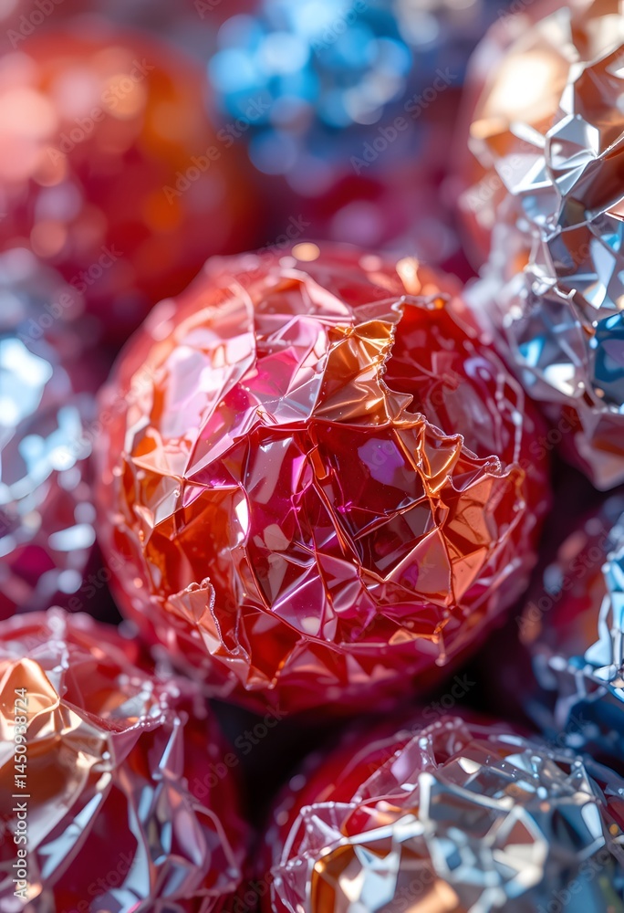 Aufkleber shiny foil texture, crinkled surface detail. macro shot reveals intricate folds. abstract reflective