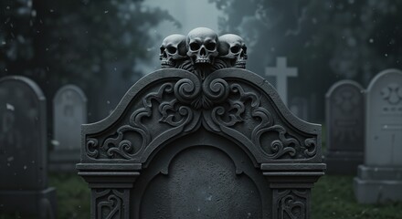Intricate tombstone adorned with three skulls, surrounded by a misty graveyard atmosphere, evoking a spooky Halloween ambiance