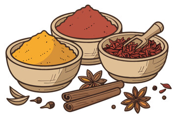 6 Wooden bowls, exotic spices, cinnamon powder, star anise, saffron threads, cinnamon sticks, dried flower petals, vibrant colors, aromatic ingredients, culinary photography, high detail, white backgr