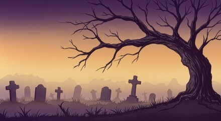 Gravestones with crosses silhouetted against a twilight sky, bare tree branches reaching upward, evoking a sense of mystery and tranquility in a graveyard setting