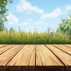 Sunny Spring Meadow with Wooden Deck and Blue Sky