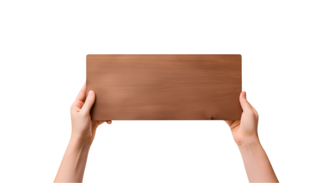 Hands holding a rectangular wooden plank in front of a neutral area isolated on transparent background	