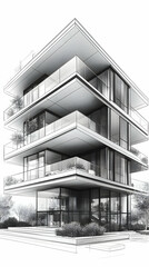 Modern multi-story building architectural sketch  Large windows balconies  landscaping visible Clean lines  layere