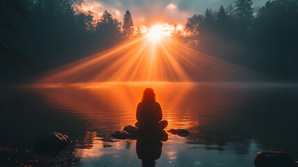 Obraz premium Serene sunset silhouette of a person sitting on rocks by a calm lake bathed in golden light rays Peaceful nature scene