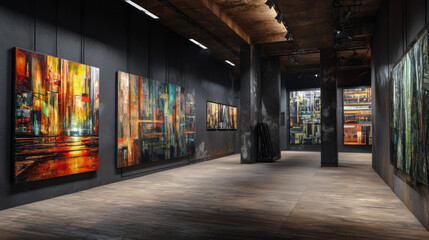 Modern art gallery displaying a collection of abstract paintings with a dark and industrial aesthetic, illuminated by bright track lighting, creating a unique ambiance.