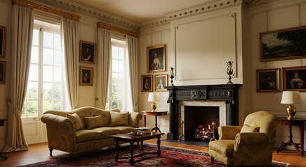 Fototapeta premium An ornately decorated living room boasts classic furniture, artwork, and a cozy fireplace setting.
