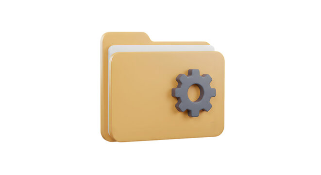 A yellow folder with a gray gear icon on the front against a black background in a digital rendering