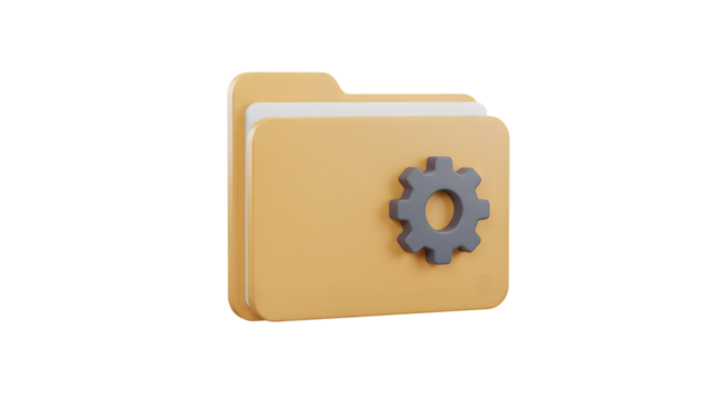 A yellow folder with a gray gear icon on the front against a black background in a digital rendering