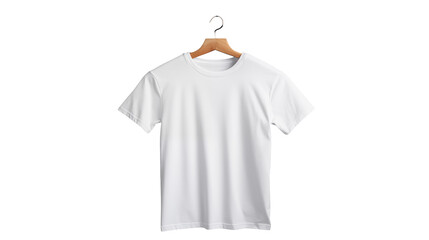 Plain white t shirt hanging on a wooden hanger isolated on transparent background	