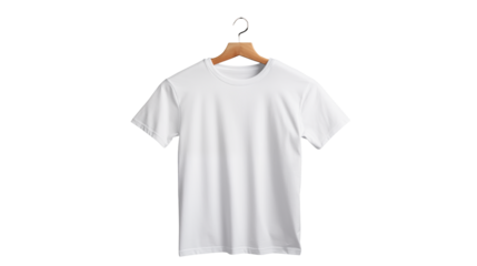 Plain white t shirt hanging on a wooden hanger isolated on transparent background	