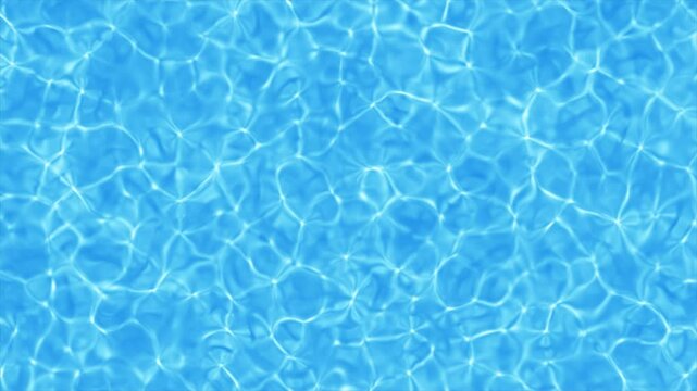 Abstract water background of blue water waves and splashes with light reflections. Calm water texture and caustics, clear water surface. Swimming pool top view, sea, ocean, summer background. 4k loop.