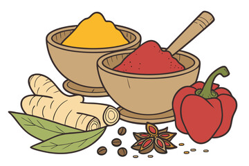 9 Vibrant spice powders, wooden bowls, ginger root, nutmeg, bell peppers, colorful ingredients, culinary display, aromatic spices, fresh produce, cooking ingredients, high-contrast photography, white 